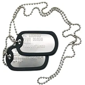 Dog tags, stamped with embossed text, fashionable clothing tags, military style.
