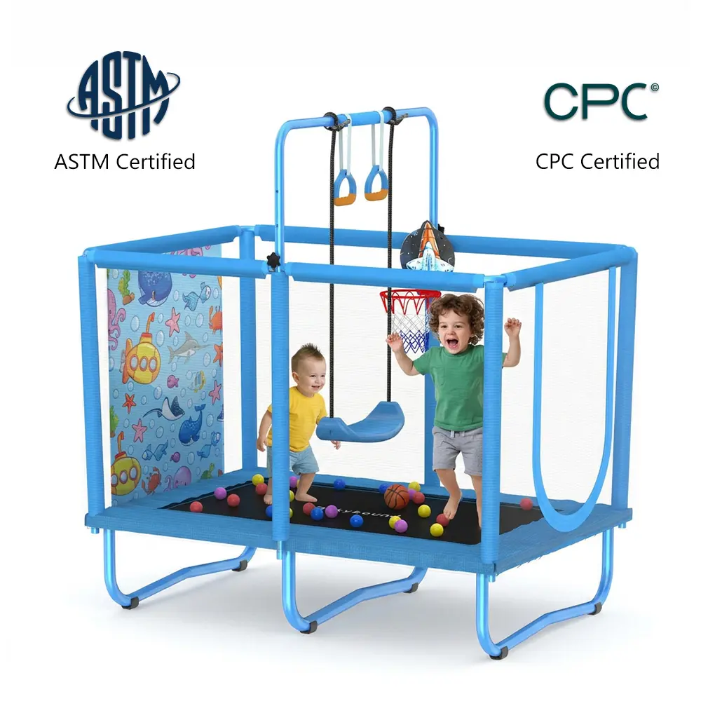 SkyBound 6-in-1 Kids Trampoline - 36×55in Rectangular Indoor-Outdoor Fitness Jump Bed, Easy-Install Anti-Tip Safe Model with Swing, Basketball Hoop, 250LBS Capacity for Boy & Girl Trampoline Workout (Colorful Ocean Theme)