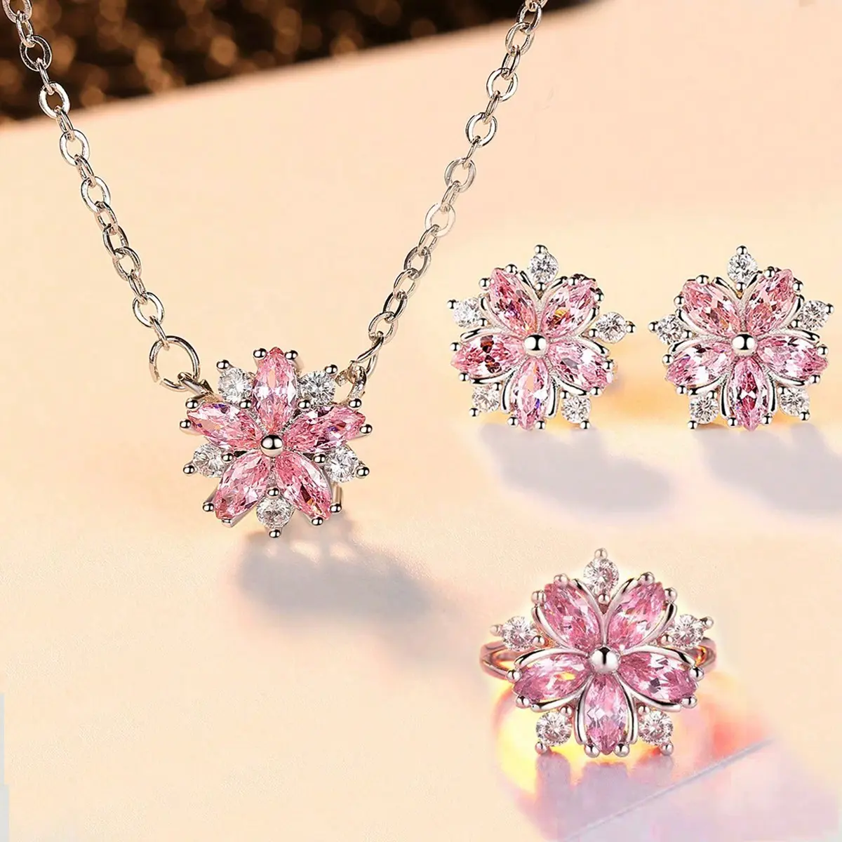 Women's Pink Cherry Blossom Jewelry Set - Elegant Light-Luxury Style, Synthetic Zircon, Geometric Flower Design, Pendant Set, Ring, Necklace & Earrings, Female Romantic Gift for Christmas, Wedding, Valentine's Day, Flowers, Necklaces And Earrings, Stud Ea