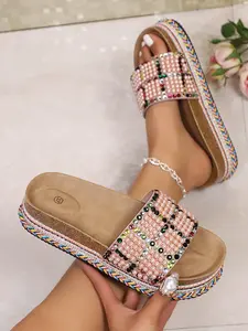 Thick Sole Ethnic Style Sandals 2026 New Arrival, European and American Chunky Soft Wood Pearl Beach Slippers for Women