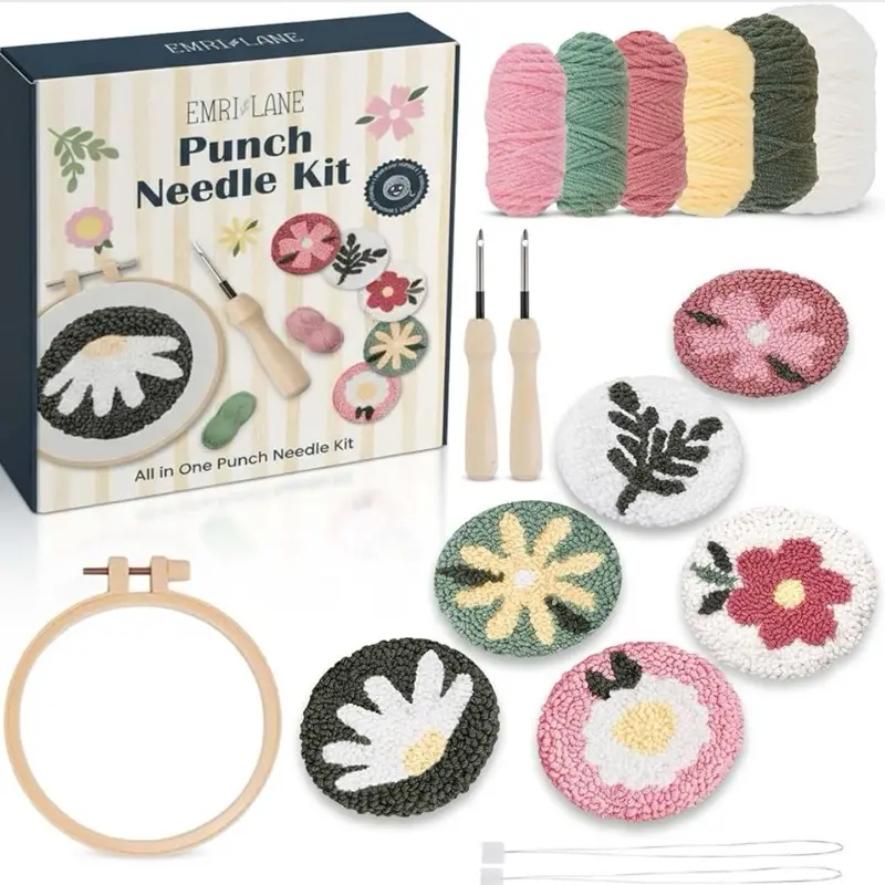 Emri Lane Punch Needle Kit | 6 floral design Punch Needle embroidery Kit | Essential Punch Needle Supplies for Crafters and Beginners