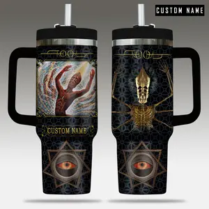Tool Music Custom Tumbler 40oz with Handle, Progressive Metal Aesthetic Cup, Psychedelic Art Inspired Mug, Alt Metal Fan Gift, Personalized Name Travel Mug, Stainless Steel Tumbler