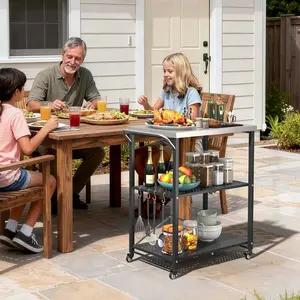 ONBRILL Folding Outdoor Grill Table, Movable Grill Cart with 2 Locking Wheels, Portable Stainless Steel 3-Shelf Pizza Oven Table with Hooks for BBQ, Party, Camping, Home Kitchen, Black Collapsible Wagon Smooth