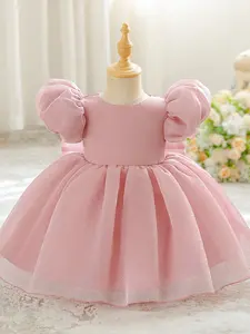 Baby Girl Clothes Infant Christening Cocktail Toddler Outfit Baptism Pageant Birthday Party Ball Gown Princess Dress Puff Sleeves Tutu Skirt Bow First Birthday Evening Gown for all Season 6 Months to 3 Years