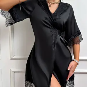 Sexy silky satin lace lingerie pure temptation lace-up robe home set