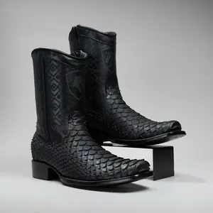 Cowboy Rodeo Cowhide Premium Leather Engraved Leather Boots With Zipper