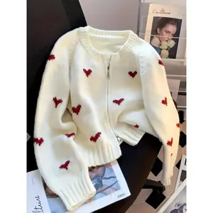 Women's Casual Knit Sweater Jacket, Round Neck Long Sleeve Zipper Cardigan, Heart Pattern, Fall Winter Fashion Knitwear