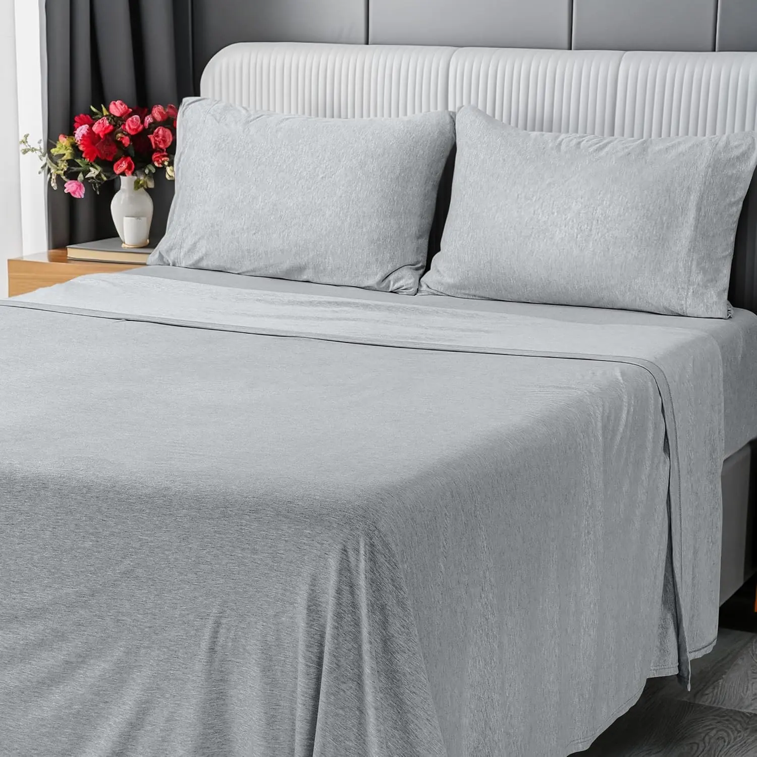 Sheet Set - Jersey Knit Sheets 4 count - Cotton - Soft T-Shirt Stretchy Sheets (, Heather Light Grey)