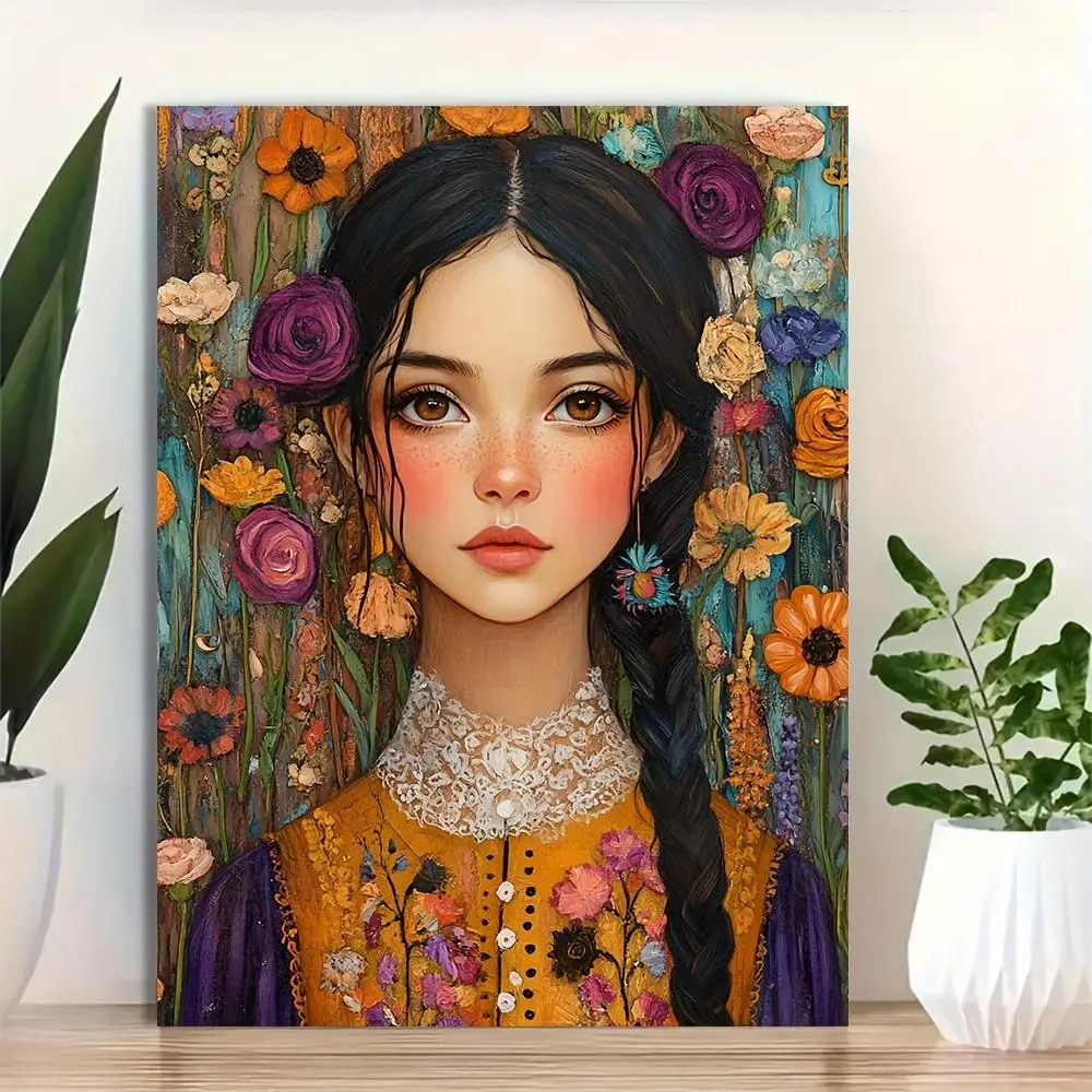 1pc, [2D Flat] with Frame, 12x16inch Mexican Floral Latina Portrait Canvas, Romatic Mariachi Wall Decor, Southwestern Art, Rustic Mexicano Wall Art, Chicano Painting, 2D Flat, Perfect for Room Decor	