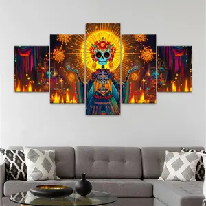 5 Counts Unframed Canvas Poster, Dia De Los Muertos Skeleton Woman, Exquisite Poster, Perfect Living Room Decoration, Modern Art, Fashion Family Poster, Wall Art Decoration, Odorless, Waterproof, Artwork