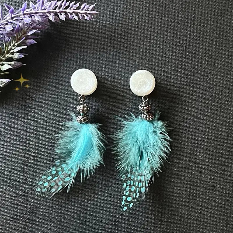 Blue Feather Dangle Plugs – Circle Gauged Earrings for Stretched Ears