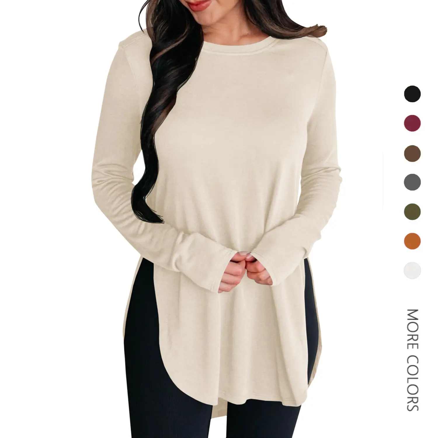 Danedvi Women's Basic Viscose Tunic Top, Simple Chic Long Sleeve Crew Neck, Loose Fit with Hi-Low Side Split Hem, Soft, Style, Comfortable, Layering Outfits, Jeans, Leggings, Casual, Trouser, Shirts, Solid, Blazer, Longsleeves, Blouses, Round Neck