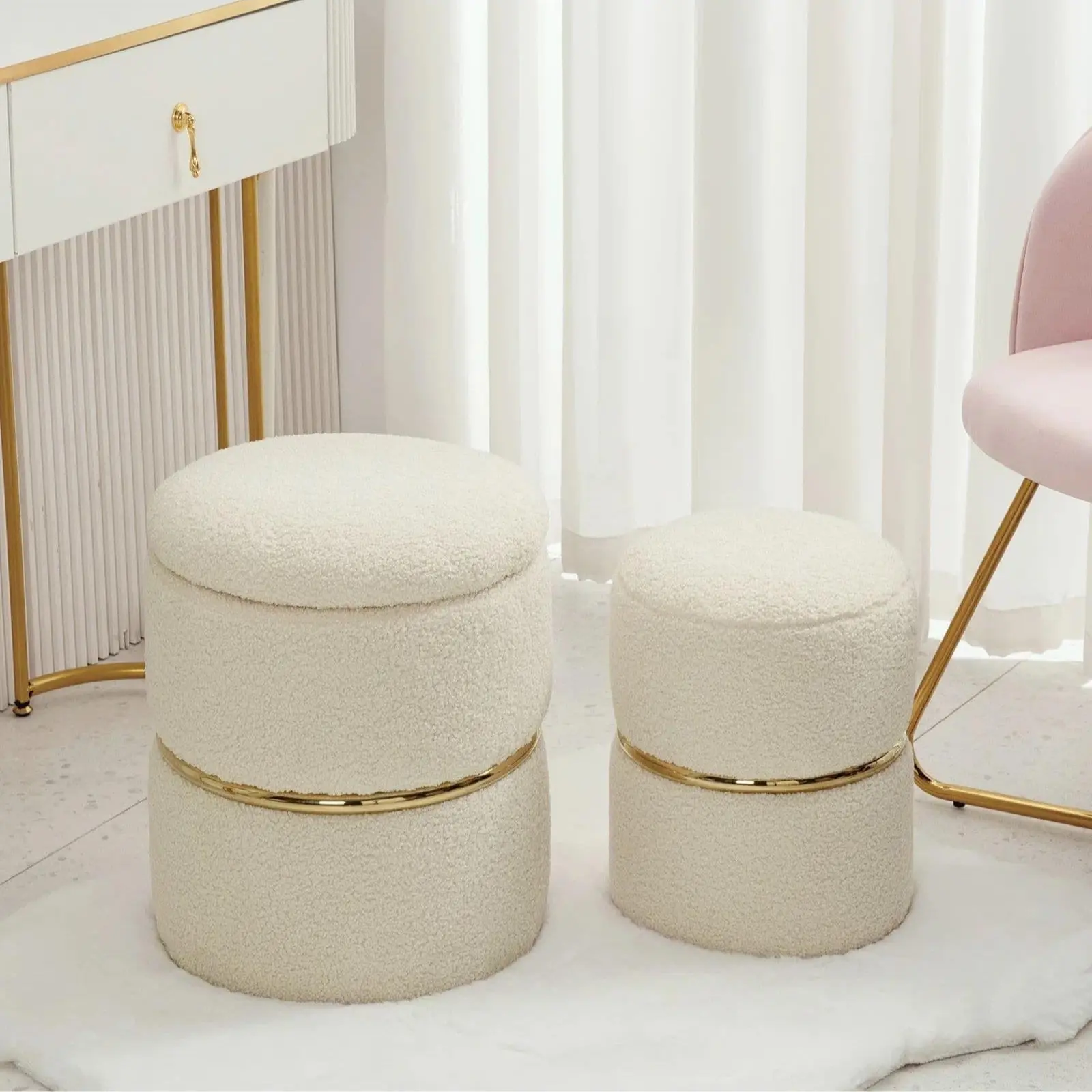 2-Piece Round Backless Armless Sherpa Fabric Folding Storage Ottoman Set - Gold, Stainless Steel Accents, Dual-Purpose Footstool with Storage, Indoor Furniture for Modern Bedroom, Coffee Table Stool