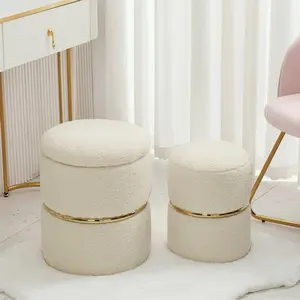 2-Piece Sherpa Upholstered Boucle Furry Round Storage Ottoman Set - Footstool with Storage, Upholstered Stools, Nesting Design for Bedroom & Modern Decor