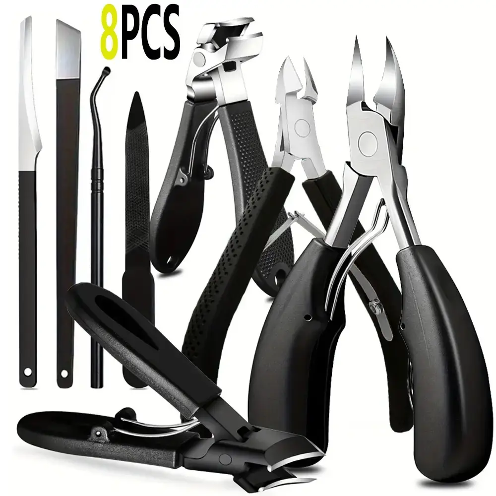 8-Piece Nail Clippers Set for Seniors, Curved-Blade Wide-Mouth Angled Nippers with Ergonomic Comfort-Grip Handles, Unisex Manicure Kit, Nail Care Tool