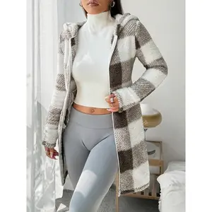 Women's Plaid Hooded Coat - Lightweight Thermal Fleece Anti-Pilling Slim-Fit for Outdoor/Daily All Seasons Use Long Length Fitted Cut