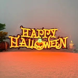 Happy Halloween Neon Sign Bat & Pumpkin Neon Light for Wall decor, Adjustable Brightness 5v USB Powered Light Up Sign for Bedroom Windows Spooky Party Halloween Day Decor