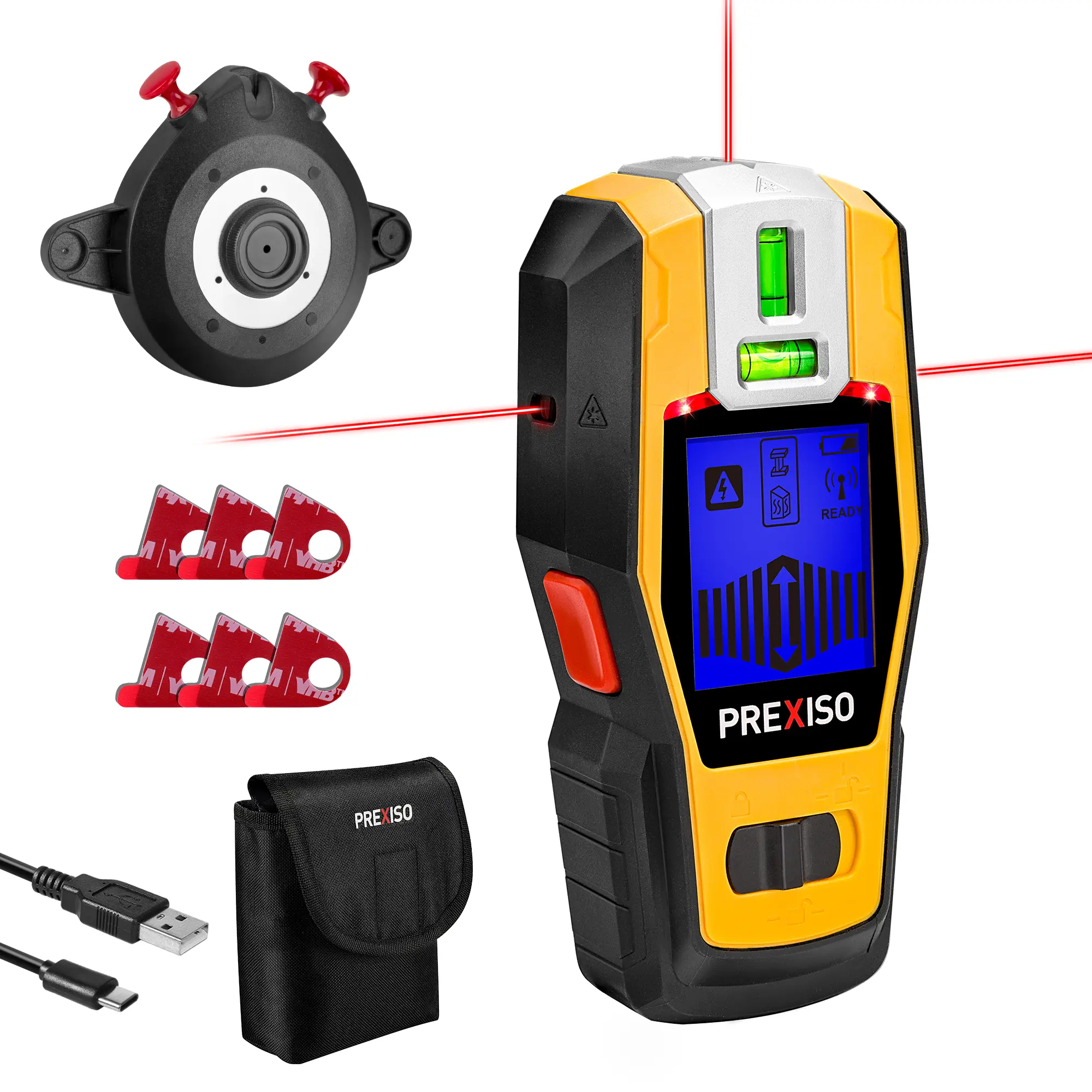 #Summersales PREXISO 2-in-1 Stud Finder with Laser Level, Rechargeable Multi Surface Cross Line Laser & Wall Stud Scanners Tool for Hanging Frames & Picture, Wood Ac Wire Metal Studs Joist Pipe Detection