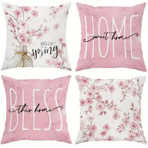 4pcs, Pink Cherry Blossoms & Welcome Spring  Throw Pillow Covers, "Bless the Sweet Home" Design, Suitable Spring Living Room, Bedroom, Sofa and Bed Decoration, Enhancing Healing Home Atmosphere, Single Sided Printing, No Pillow Core