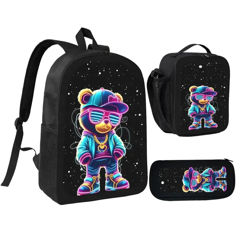 Cartoon Bear Backpack With Lunch Box Pencil Case 3 In 1 For  Lightweight Large Capacity 600D Oxford Cloth Adjustable Straps Comfortable Mesh Back Cushioning backpack goals-E