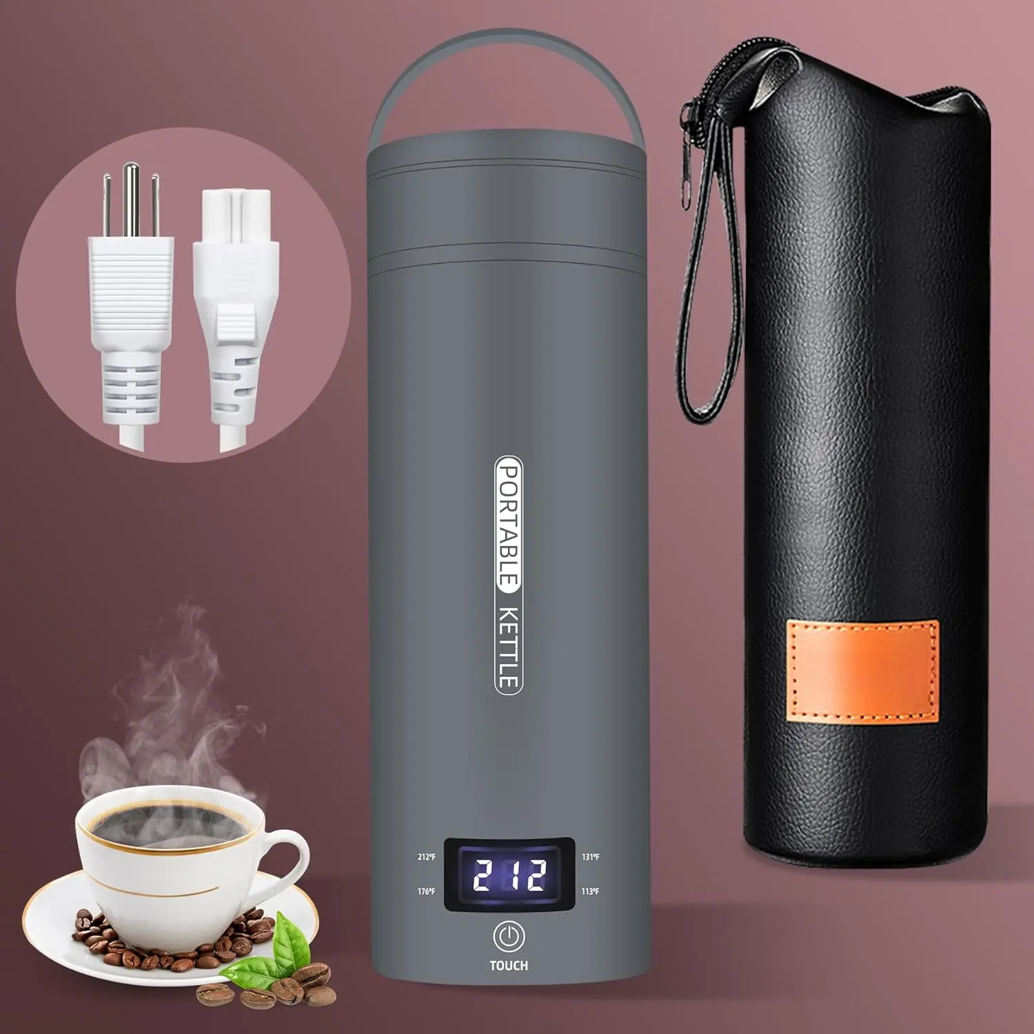 Travel Electric Kettle Portable Small Mini  Coffee Kettle Water Boiler, Water Heater with 4 Temperature Control,304 Stainless Steel with Auto Shut-Off & Boil Dry Protection,  (Grey)