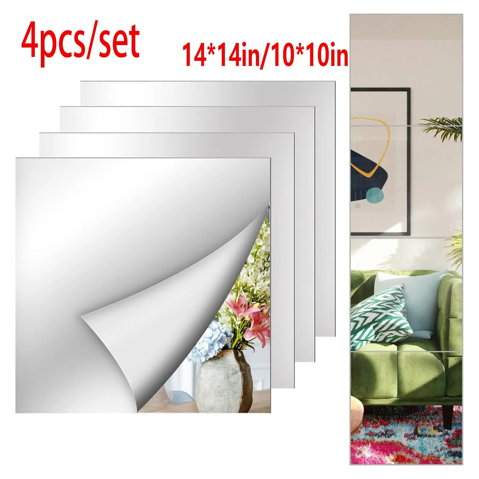 4-Pack Full-Length Wall Mirrors, 14x14 Inch/acrylic Mirror Tiles, Shatter-Resistant Flexible Plastic Mirror Panels for Bedroom, Home Gym Door, Living Room Wall Decor, Bedroom Decorations, Decorative Stickers