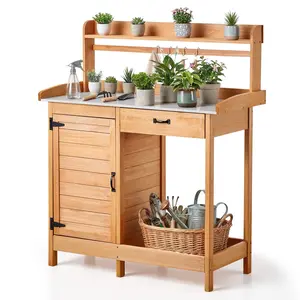 【Summervibes】VEVOR Potting Bench Table, 3-in-1 Outdoor Gardening Wooden Workstation with 44 x 19 in Galvanized Iron Tabletop, Garden Work Station with Drawer, Storage Cabinet & Shelves, Hooks for Patio, Backyard