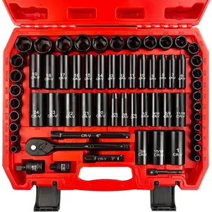 64 count 3/8" Socket Set,Drive Impact Socket Set, SAE/Metric, Deep & Shallow, Cr-V Steel, 6 Point with Adapters, 72T Ratchet Handle, Extension Bars,Bit Adapter,6-24mm,5/16-1 inch
