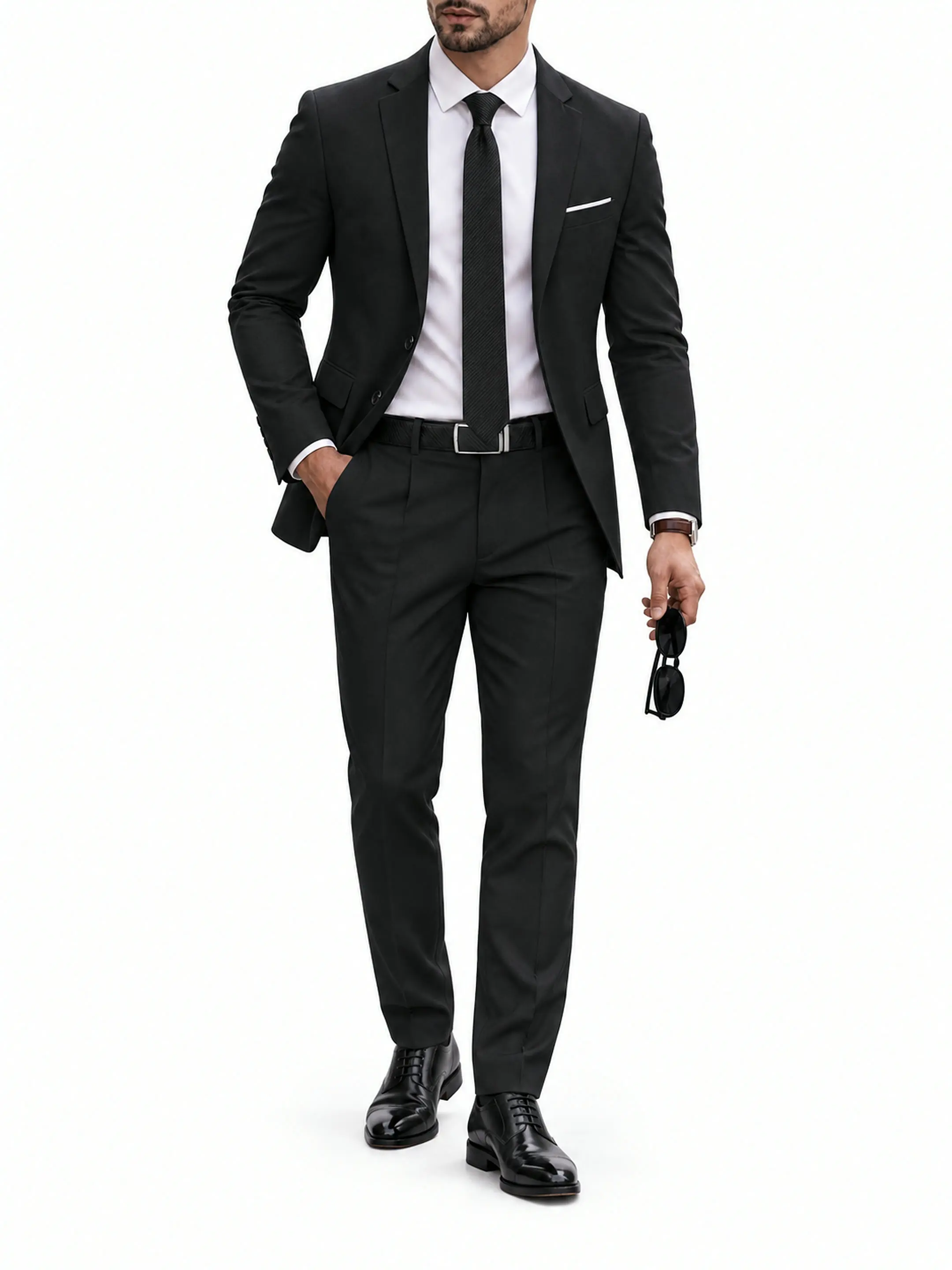 MrSure Men's 2-Piece Classical Suit & Tie Set - 2-Button Strap Tuxedo Jacket, Medium-Length Pants, Slim-Fit Black Polyester Business Formal Modern Multi-Size Menswear for Wedding, Office Workwear, Suit And Tie