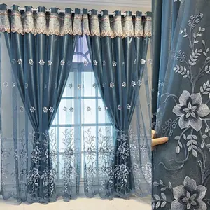 Nordic Style Embroidered Floral Home Decoration Curtain, Double Layer Fabric Drapes for Living Room & Bedroom, Easy Installation, Light Blocking