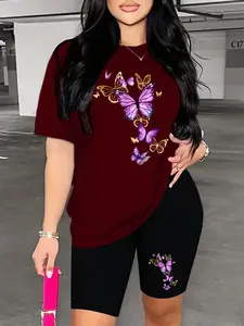 Women's Gold Butterfly Print Short Sleeve T-Shirt and Cycling Shorts Set, Fashion Casual, Two-Piece Suit