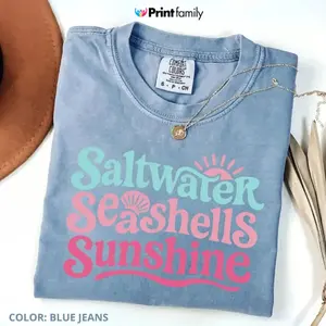 Comfort Colors Saltwater Seashells & Sunshine Shirt, Coastal Summer Beach Tee, Ocean Lover Vacation Shirt, For Woman, Top Womenswear - Printfamily