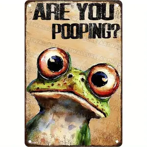 Humorous Frog Metal Wall Art Sign - Vintage Bathroom Decoration Featuring a Green Frog with Red Eyes - 8X12 Inch Comical Toilet Decor for Home, Office, Or Cave - Sturdy Metal Build with Pre-Drilled Holes for Easy Installation
