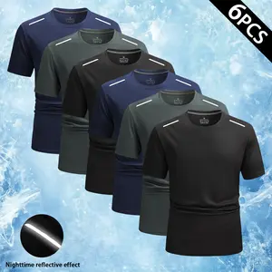 Men's 5-Pack Quick-Dry Athletic T-Shirts, Short-Sleeve Crew Neck Tops with Reflective Stripe for Night Safety, Breathable Lightweight Sportswear for Gym, Running & Casual Outdoor Activities, Men's T Shirts
