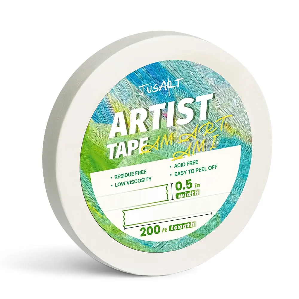 JusArt Self-Adhesive Translucent Pulp Artist Tape - 0.5" Width, 200 ft Long, White, Low-Tack, Invisible Adhesive, Residue-Free, Acid-Free, Bleed-Proof, Easy-to-Peel Masking Tape for Painting, Watercolor Paper (Office Stationery)
