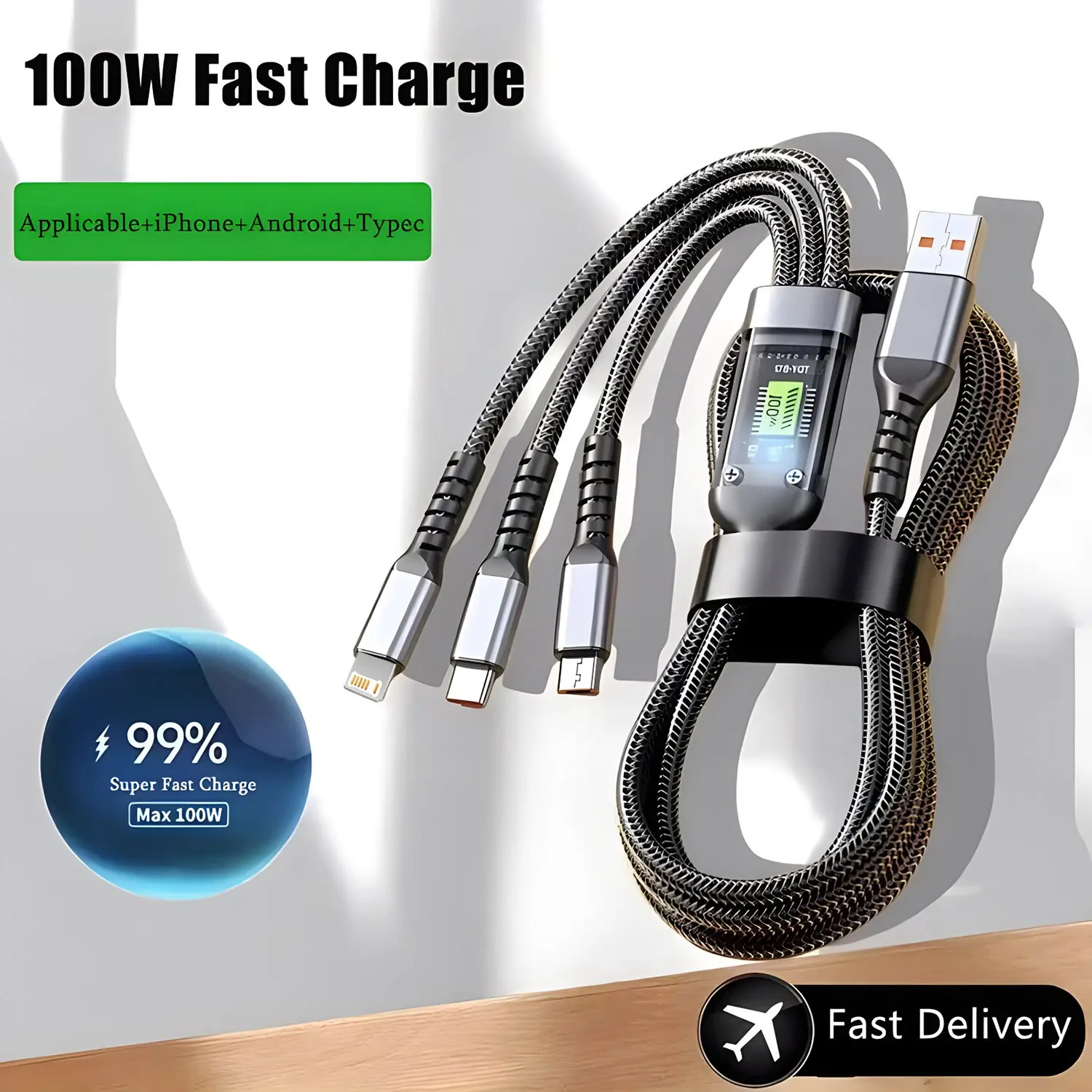 100w Transparent Chip 1-To-3 Phone Charging Cable, 1.2m Braided Durable USB to Type-C/iOS/micro Interface Data Sync Cable, Fast Charge Mobile Charger, Cellphone, Charging Accessory