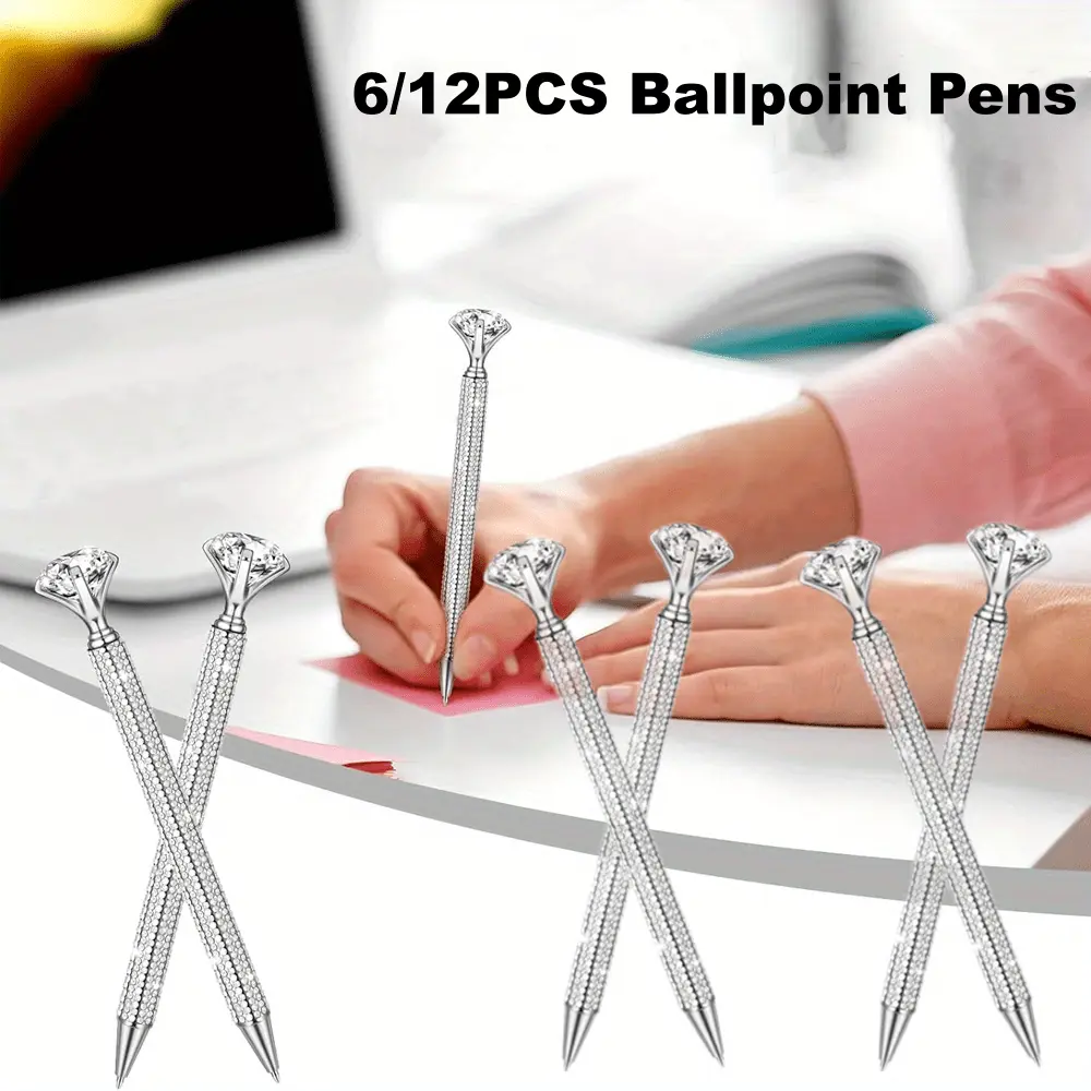 6/12Pcs Big Diamond Special Writing Pens - Crystal Bling Rhinestone Metal Glitter Ballpoint Pens with Black Ink, Office Stationery, Car Interior Decoration Supplies, Wedding Favor Gifts, Special Pen