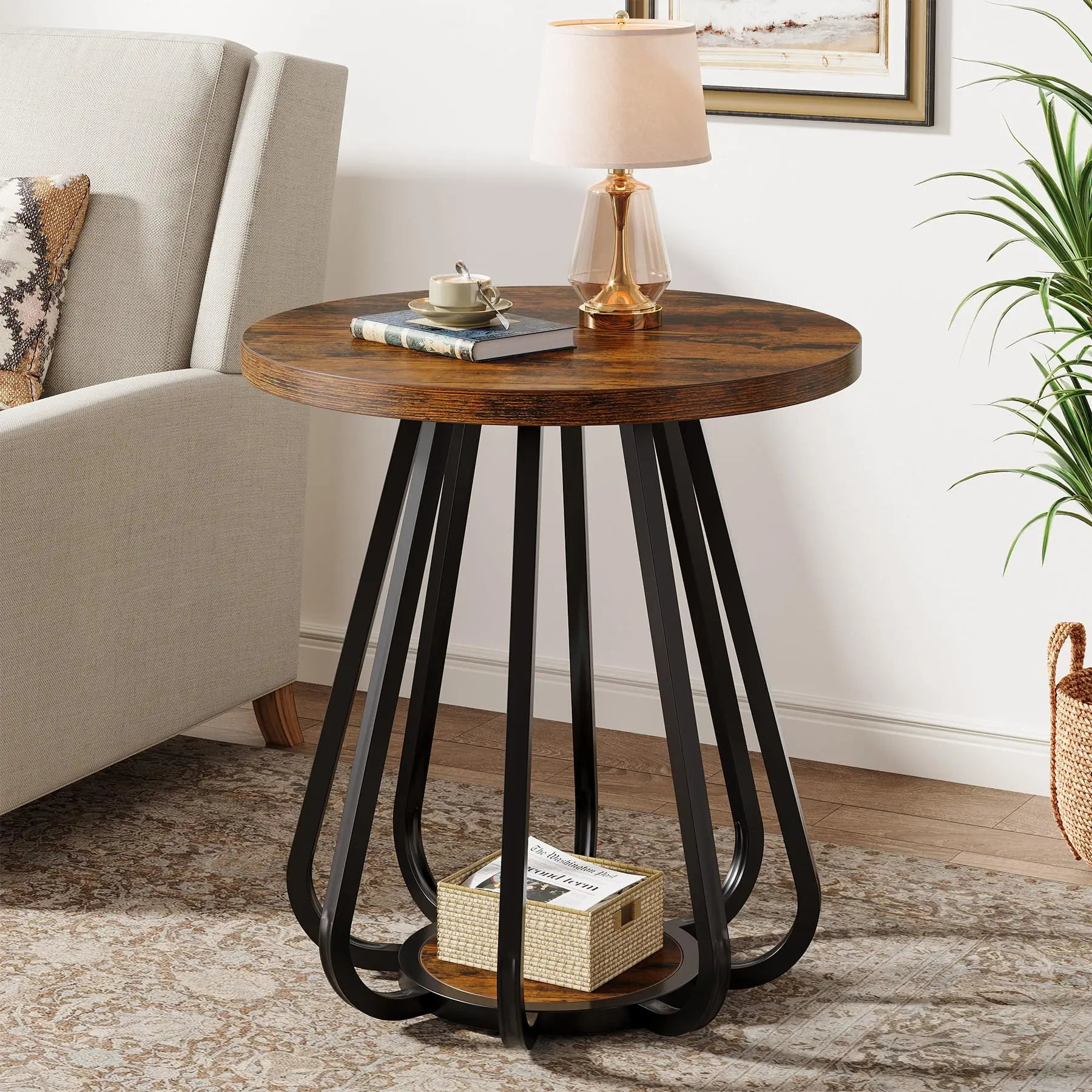 Tribesigns 2-Tier Round Side Table for Small Spaces, Metal Frame Nightstand with Wooden Shelf, Vintage Brown & Black