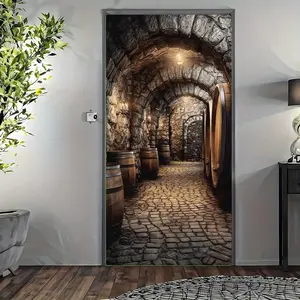 Retro wine cellar door banner, realistic oak barrel decoration, stone wall design, suitable for parties and weddings, ideal gift for wine lovers