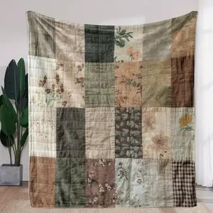 Vintage Patchwork Blanket Soft Cozy Leisure Warm Bed Blanket for Couch & Bedroom, Flannel Throw Blankets, Colorful, Floral Patchwork Blanket, Ideal Gift for Home Decor Lovers & Quilt Fans, Birthday, Holiday