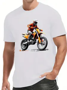 Men's Motocross Orange Bike Graphic T-Shirt, Short Sleeve Crew Neck Casual Summer Top with Geometric Pattern, Regular Fit, Cool Motorcycle Racing Design, Comfortable Streetwear for Men, Trendy Sports Print Tee