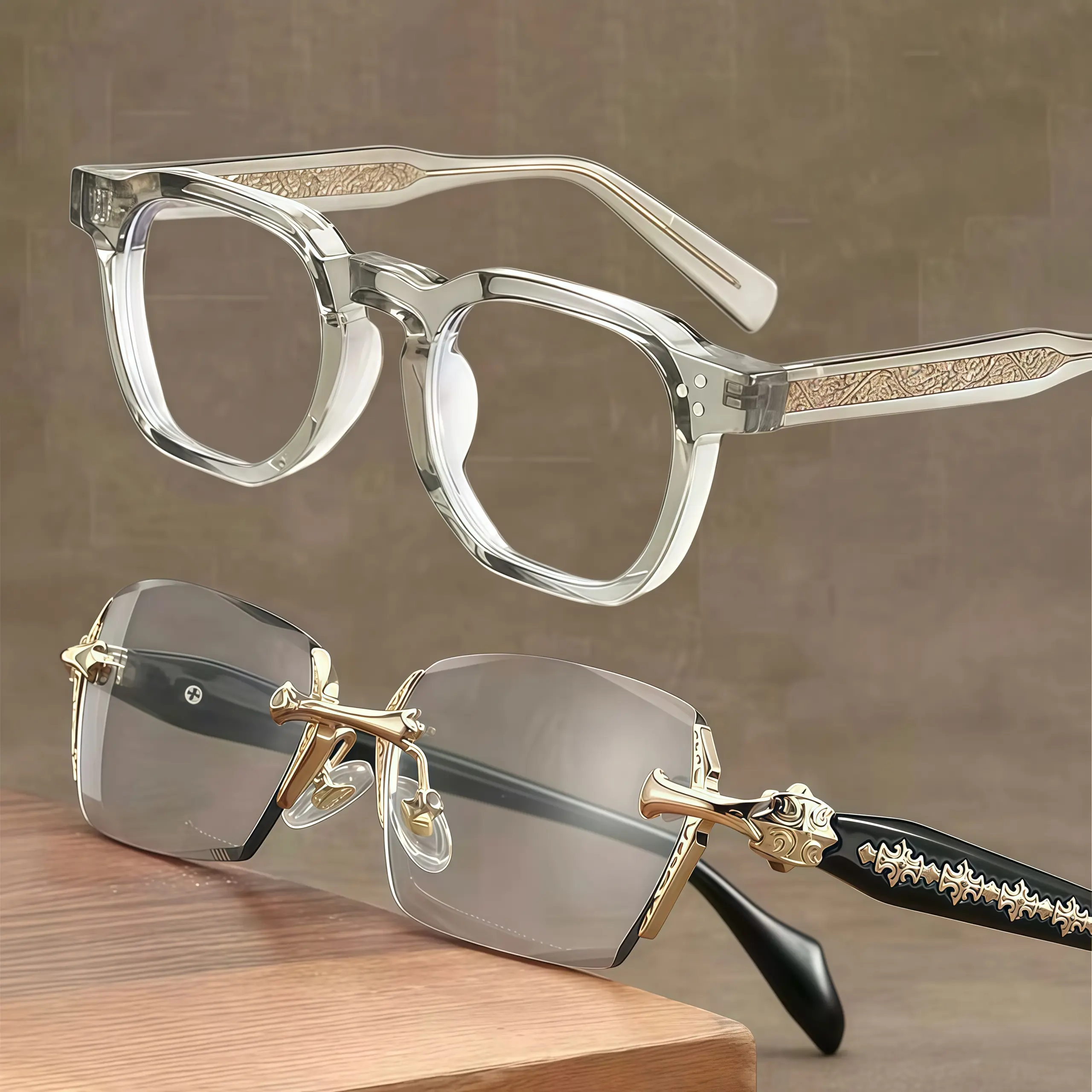 EunoiaLens Unisex Retro Rimless Shades 2-Pack - Rectangle Metallic Frames, Diamond Beveled Edges, UV Sun Protection, Anti-Fatigue Blue Light Blocking Lens, Non-Prescription Adult Eyewear for Computer Use & Everyday Wear, Gaming