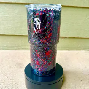 18oz Black Holographic Glitter Halloween Tumbler | Spooky Sparkle Cup with Straw