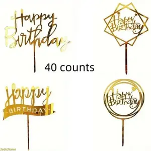 40-Pcs Golden Glitter Paper Birthday Cake Topper Set - Festive Baking Decorations, Unique Creative Shapes, Shiny Surface Accessories for Birthday Parties
