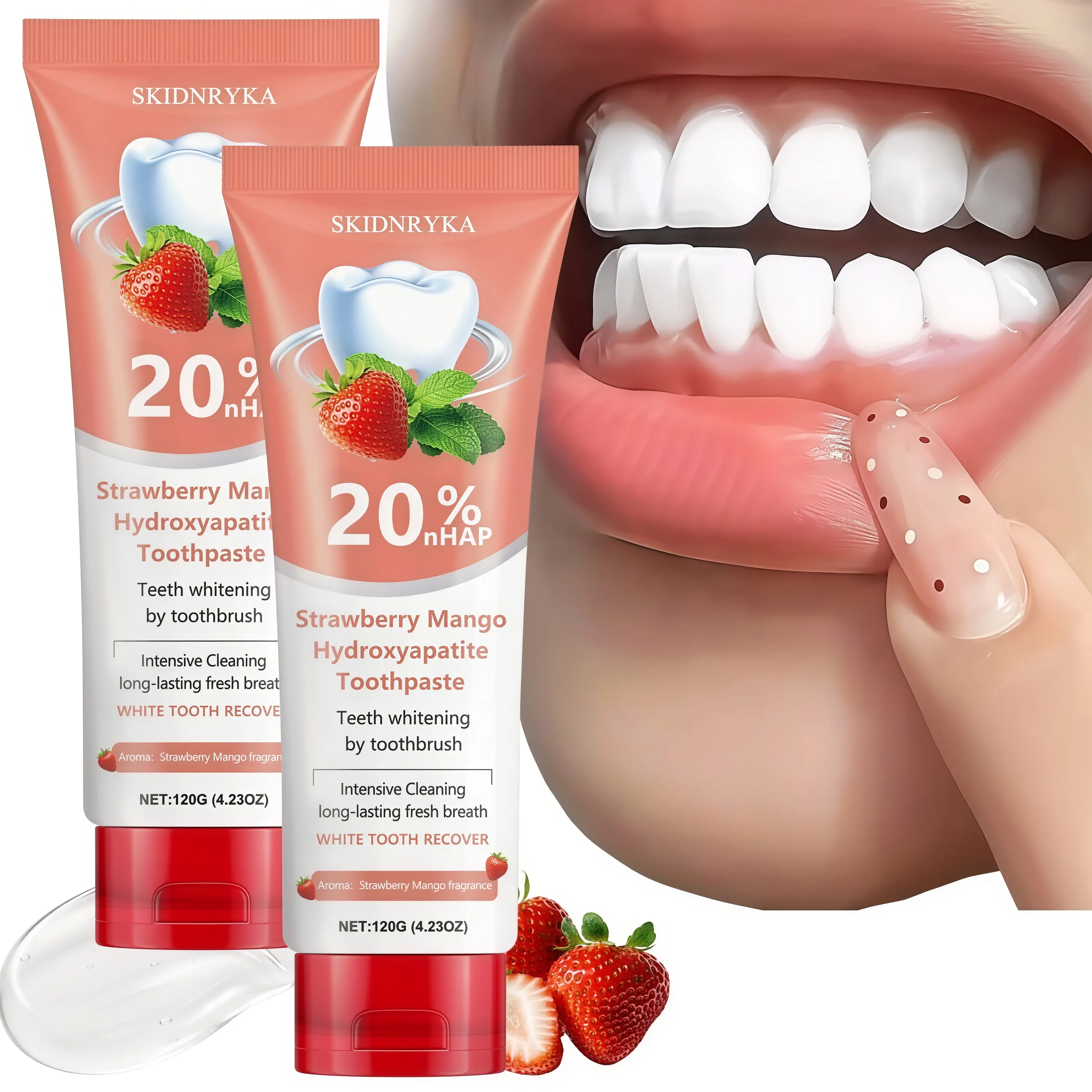 Strawberry Flavor Whitening Toothpaste with 20% Hydroxyapatite & Strawberry Extract, Gentle Non-Irritating Intensive Deep Cleaning, Family Oral Care & Oral Hygiene Gift Option