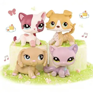 4 Pcs Rare Pet Shop Action Figurines Collie #272 Shorthair Cat #2291 Sitting Cat #1994 Dashchund #909 Figurine with Unique Blue & Green Eyes | Charming Jacket Food Collar Accessories, Perfect Toy Gift for Dog and Cats Lovers, Great Easter gift for kids