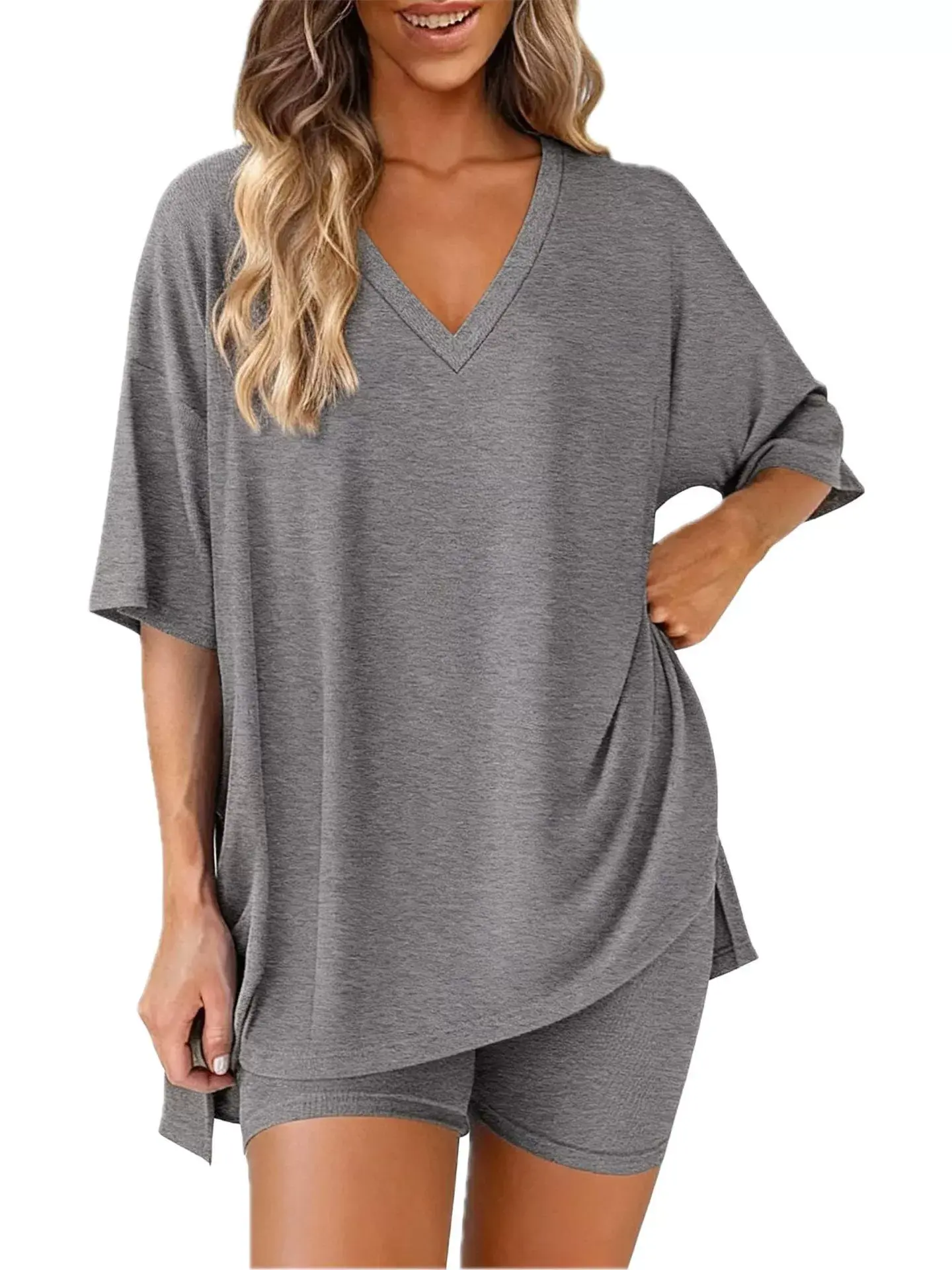 Women's Soft Stretch Pajama Set, Oversized V Neck Short Sleeve Tee and Biker Shorts, Casual Matching Home Wear Outfit