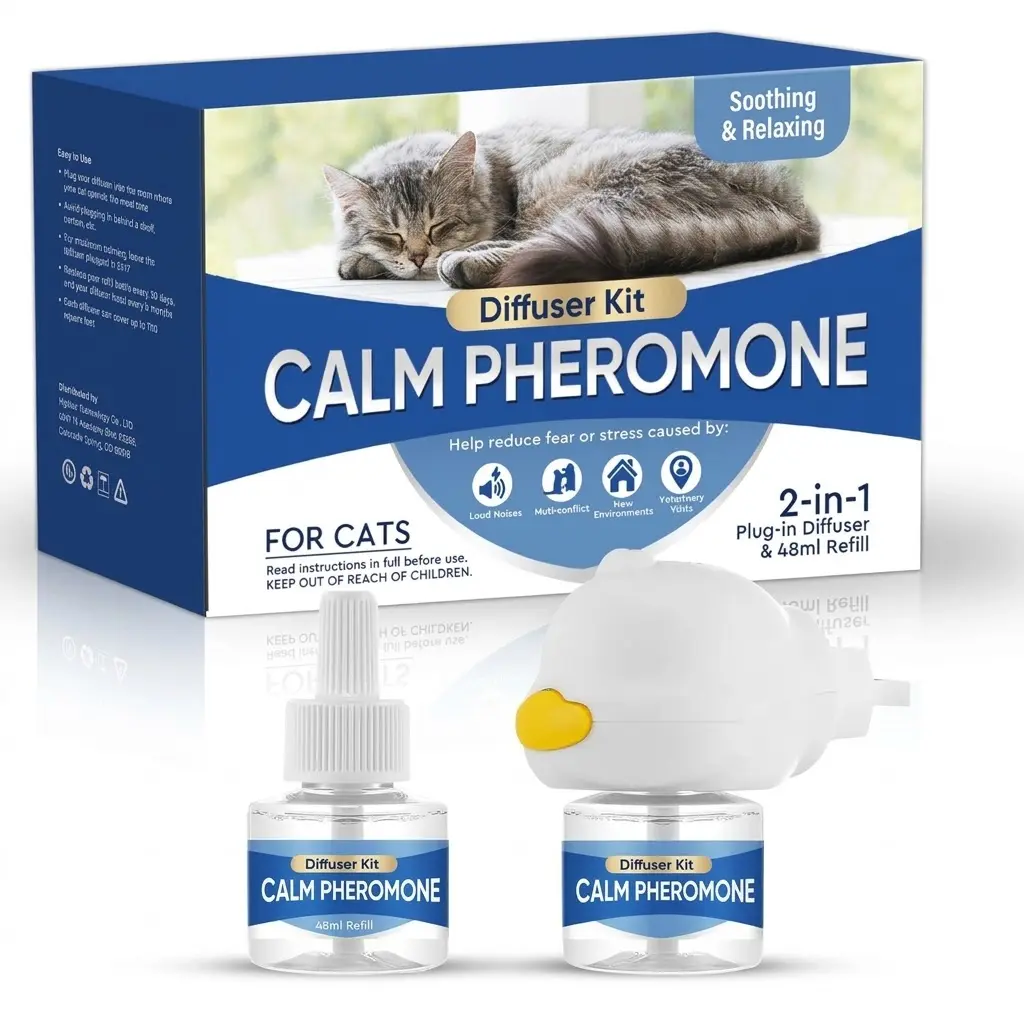 Synthetic Cat-Appeasing Pheromone Diffuser Kit with Bottle - Plug-and-Relax Design, Promotes Calm in Multi-Cat Homes (Pet Supplies Odor & Stain Remover Accessory)