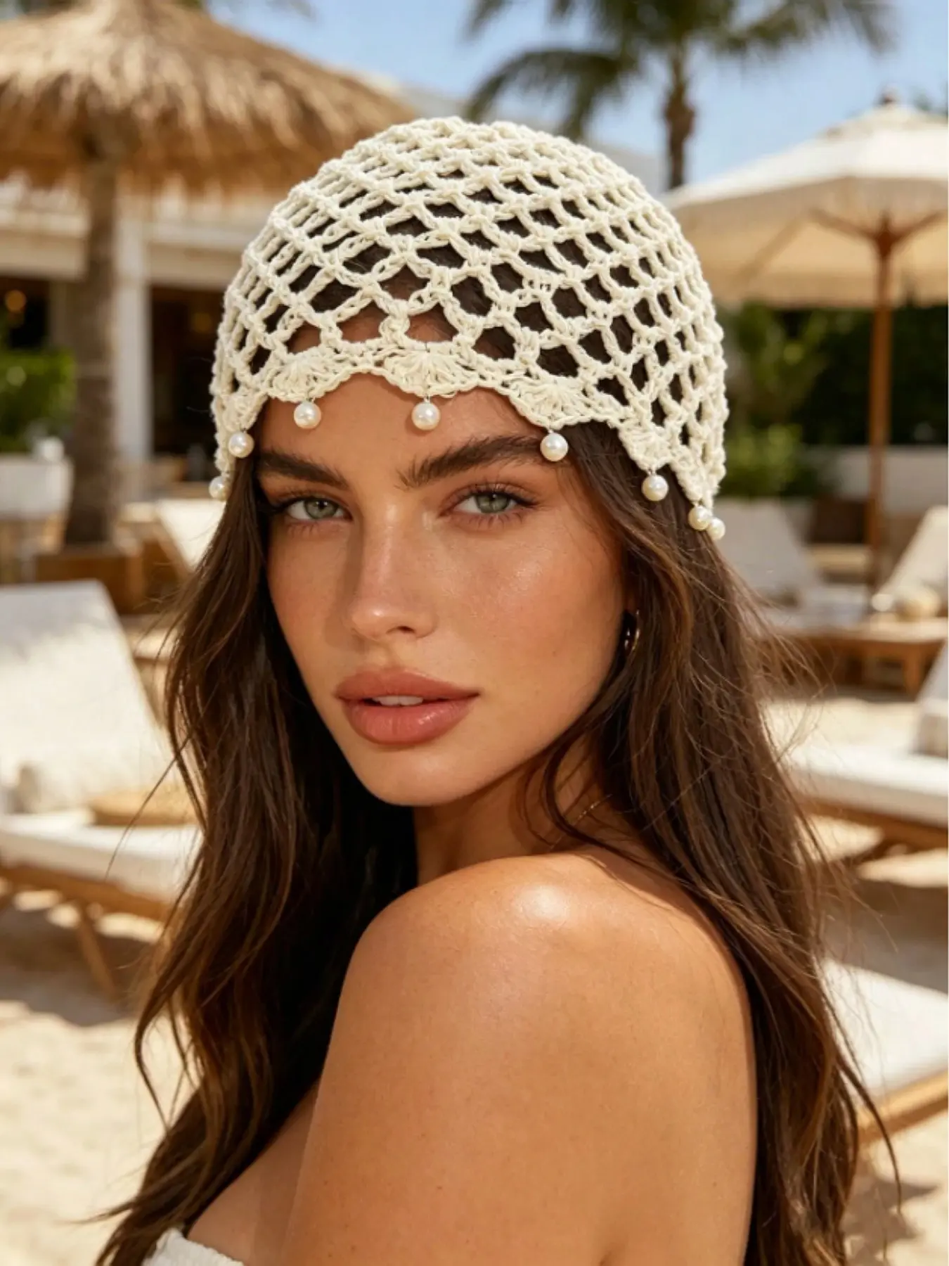 1 Retro Hollow Knit Hat, Pearl Pendant Headscarf Cap, Mesh Knitted Cap, Bohemian Style, Elegant and Fashionable, Versatile Accessory, Suitable for Daily Wear and Fashion Parties