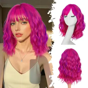Colorful Wig with Bangs Short Bob Wavy Curly Wigs for Women Hot Pink Mixed Purple Synthetic Hair Replacement Wigs for Girls Costume Cosplay Daily Party Use